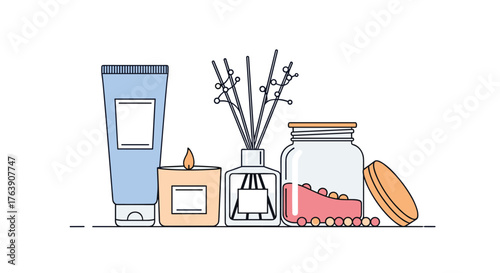 Aesthetic self-care essentials for relaxation and well-being, minimalist design.