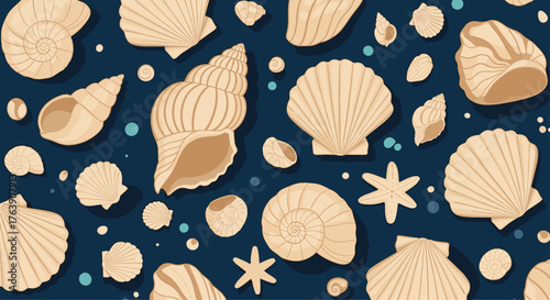 Seashells on a dark blue background, ocean theme.