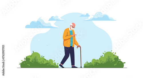Elderly man walking with cane in the park on sunny day.
