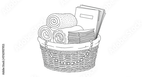 Basket of Rolled Towels, Books and Papers, Simple Still Life.