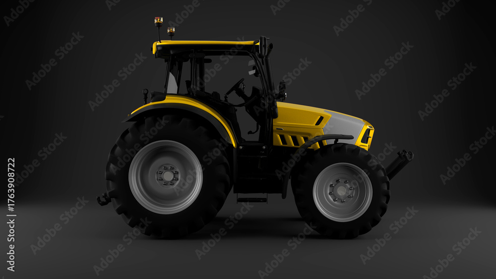 Fototapeta premium yellow tractor on grey background side view