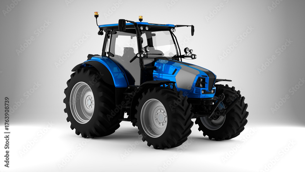 Obraz premium blue tractor on white background front view 3d render