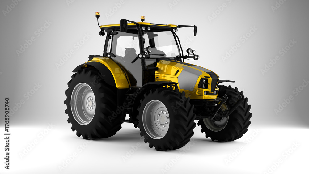 Naklejka premium Yellow tractor on white background front view 3d render