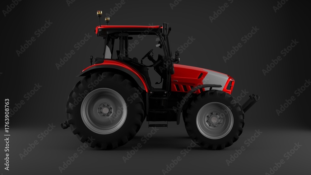 Obraz premium red tractor on grey background side view 3d render