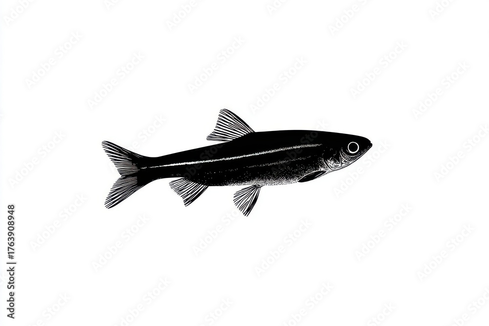 Fototapeta premium Stylized black and white illustration of a fish with sleek body, fins, and fine details, set against a pristine white background for striking contrast and visual appeal
