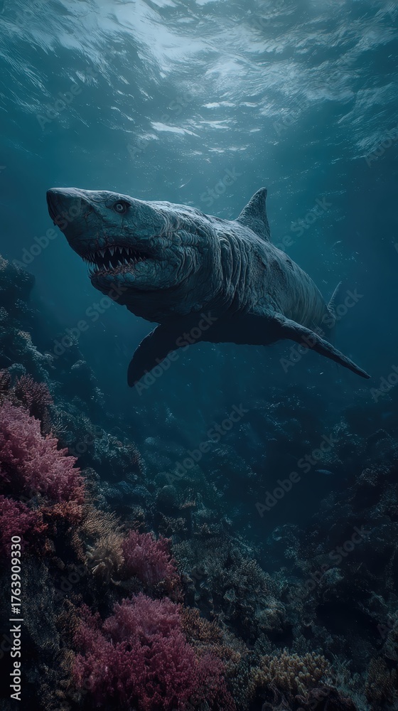Naklejka premium Un enorme tiburón blanco emerge de la oscuridad, rodeado de vibrantes corales.