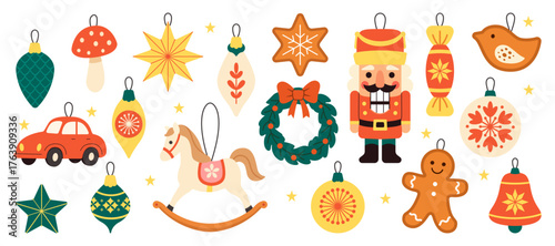 Christmas ornaments and toys including nutcracker, wreath, star, rocking horse, bells, gingerbread, and toy car. Bright vector illustration showing holiday, winter, and New Year decor