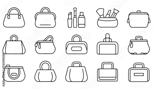 Modern linear vector set of handbags, purses, and cosmetic items for elegance and lifestyle concepts.