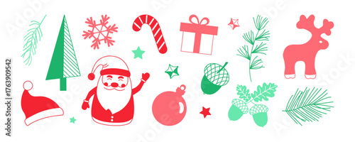 Christmas icon, winter holiday simple set. Xmas tree, pine, fir. Santa Claus hat, gift box. Red and green present, ball and, acorn. Color reindeer, snowflake isolated on white bg. Vector illustration