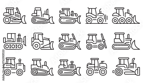 Minimalist thin line icons of heavy machinery and construction equipment for industrial vector design.