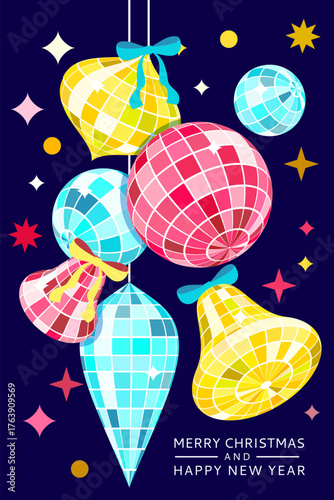 Christmas tree toys with disco ball texture. Vector illustration of bell, baubles, bow ribbon. New Year design elements
