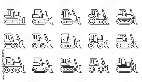Modern linear vector set of construction vehicles — bulldozer, loader, and tractor illustration collection.