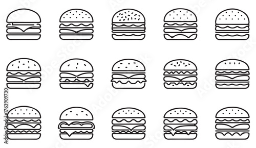 Thin line vector icons of hamburgers and sandwiches representing cafe, restaurant, and snack themes.