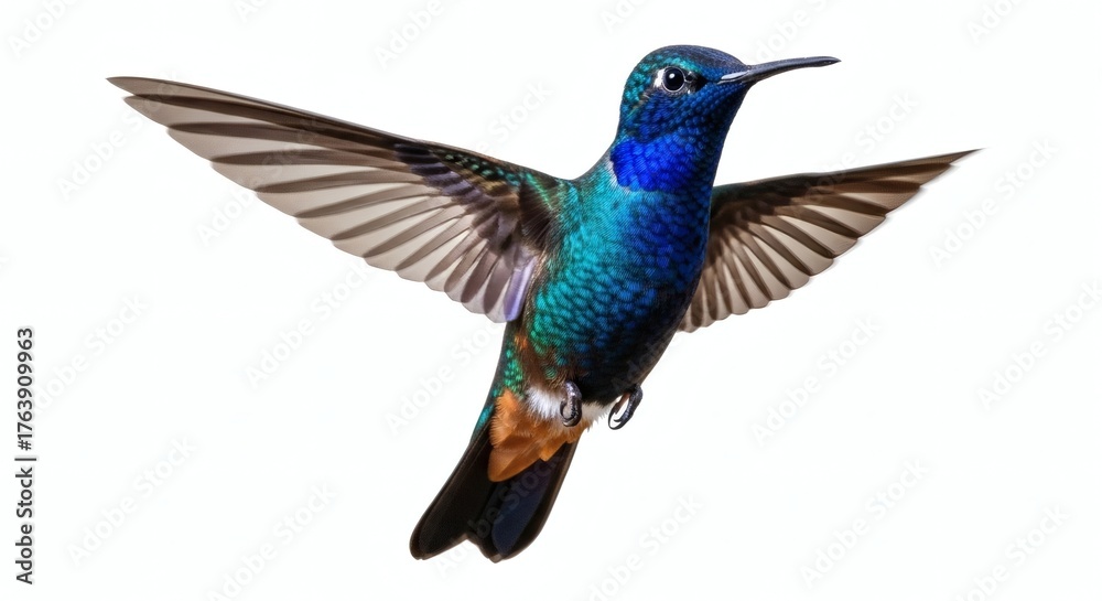 Fototapeta premium Hummingbird Flying Isolated Vibrant Blue-Throated Emerald Bird, isolated on white background