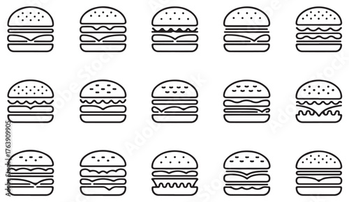 Thin line burger and sandwich icon set showing fast food layers, buns, and meal vector illustrations.