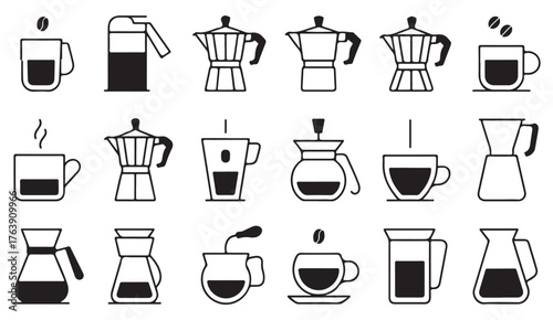 Thin line vector icons of coffee cups, mugs, and brewing pots for café and hot drink illustrations.