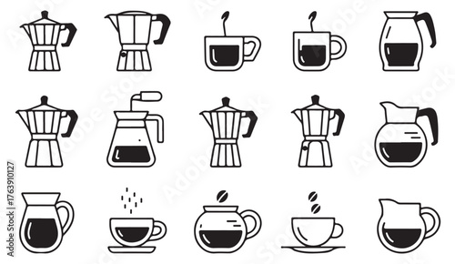 Thin line coffee maker and cup icon set showing espresso pots, mugs, and brewing tools for café design.