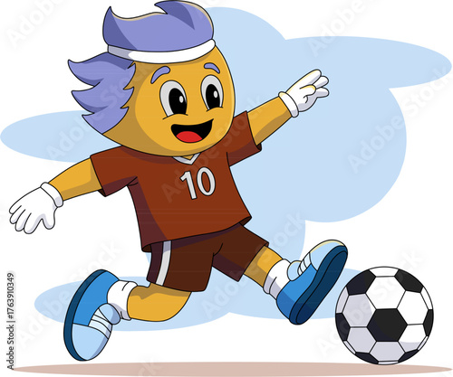Cute Soccer Mascot Kicking Ball In A Playful Studio Scene, Cheerful cartoon mascot kicks a soccer ball with energetic motion in a bright, friendly scene. Ideal for sports, youth and playful brand