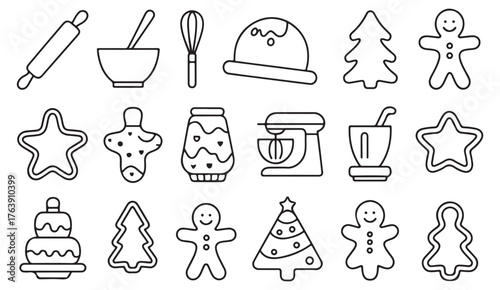 Thin line Christmas baking icon set showing cookies, gingerbread men, and festive dessert tools.