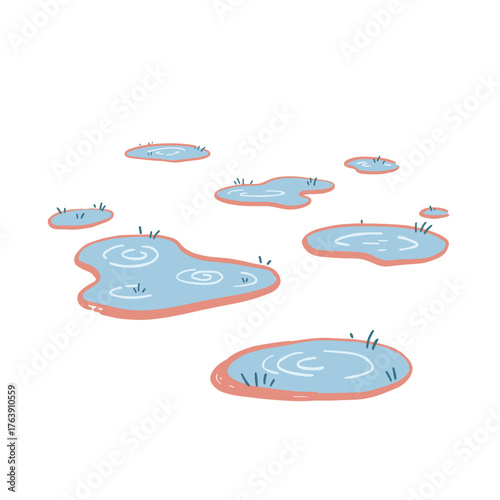 Stylized water puddles on white background in cartoon design  