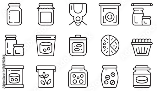 Minimal vector set of food packaging, storage jars, and snack bags for kitchen and product design.