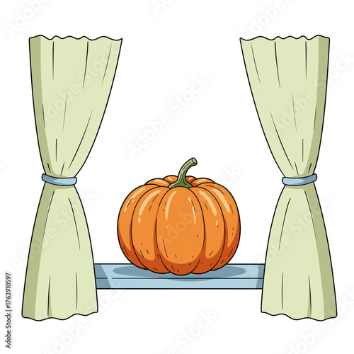 Pumpkin on windowsill with green curtains in bright indoor setting  