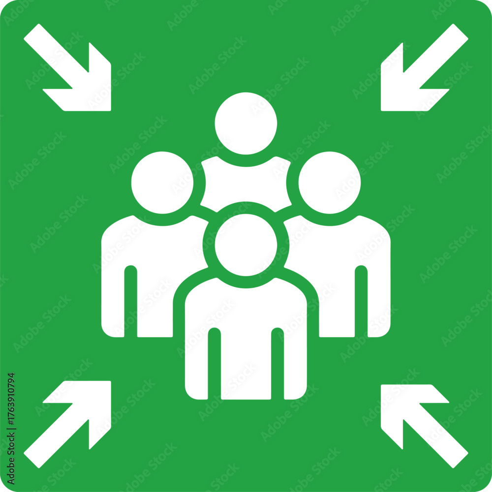Obraz na plátne emergency assembly point safety sign with group of people symbol and arrows indi