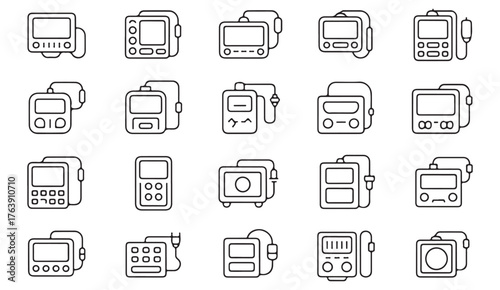 Simple outline icons of vital signs monitors and medical display devices for healthcare and hospitals.