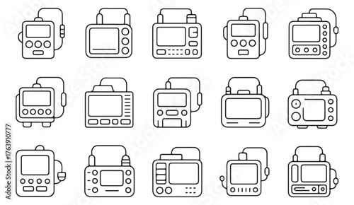 Minimalist line icons of medical monitors, devices, and diagnostic screens for healthcare illustration.
