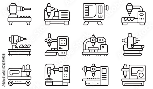 Linear vector set of CNC machines and production tools representing technology, engineering, and industry.