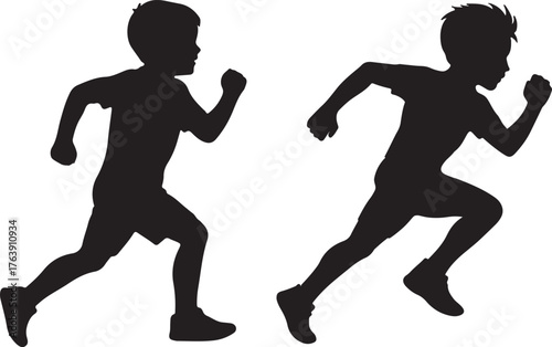 Dynamic silhouettes of two boys sprinting forward in motion capturing childhood athleticism and healthy activity fun