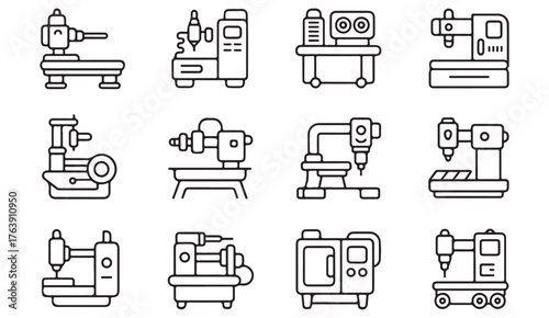 Minimalist outline icons of factory machines, drills, and automation equipment for industrial vector design.