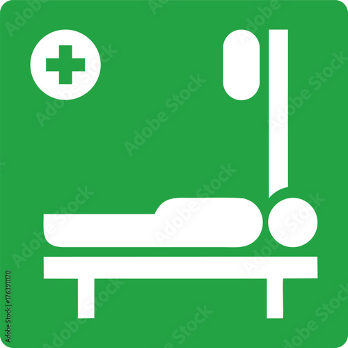 hospital bed icon with patient and iv drip on green background, medical emergency care symbol sign