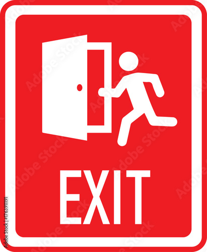 exit sign with running person symbol and open door on red background, emergency safety graphic