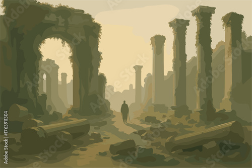 Ancient Ruins Landscape – Lost Civilization and Forgotten Empire Illustration