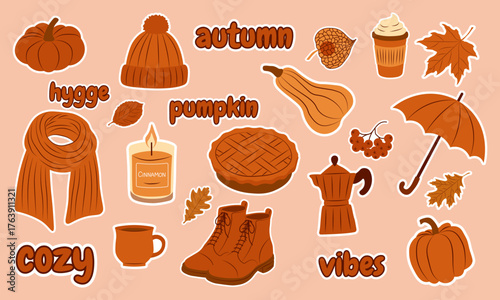 Autumn cozy sticker set. Cute fall elements for scrapbooking. Pumpkins, teapot, leaves, candle, pie. Ideal for fall season, social media, planner and harvest designs
