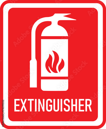fire extinguisher icon on red background, safety emergency equipment symbol for fire protection signage