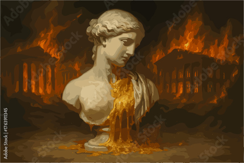 Fallen Civilization Concept – Melting Ancient Statue in Flames Illustration