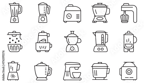 Minimalist outline icons of household kitchen appliances for cooking, blending, and food preparation design