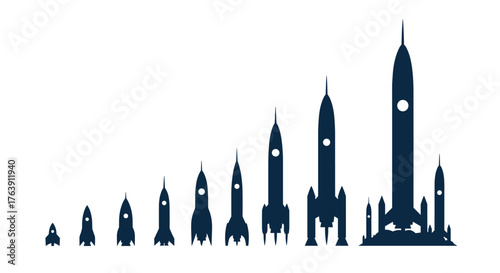 Rocket ship silhouettes in a row showing size progression.