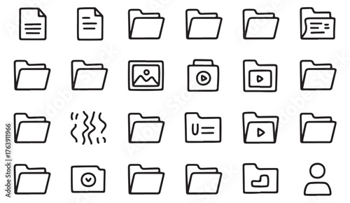 Modern vector set of file and folder icons — documents, videos, and music for technology illustrations