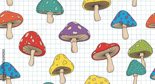 Colorful mushroom pattern on white background, whimsical design.