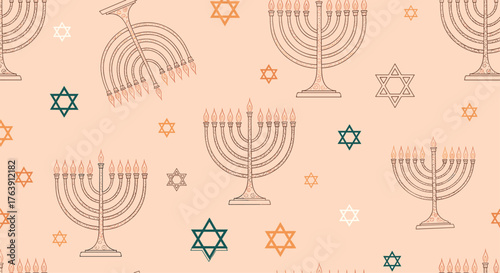 Hanukkah Menorahs and Stars Seamless Pattern Festive Design.
