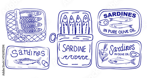 Set of canned fish sardines hand drawn minimal design. Retro canned design. Fish vintage artwork. Vector illustration