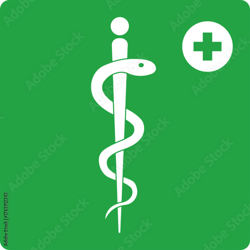 rod of asclepius with pharmacy snake symbol and medical cross icon on green background
