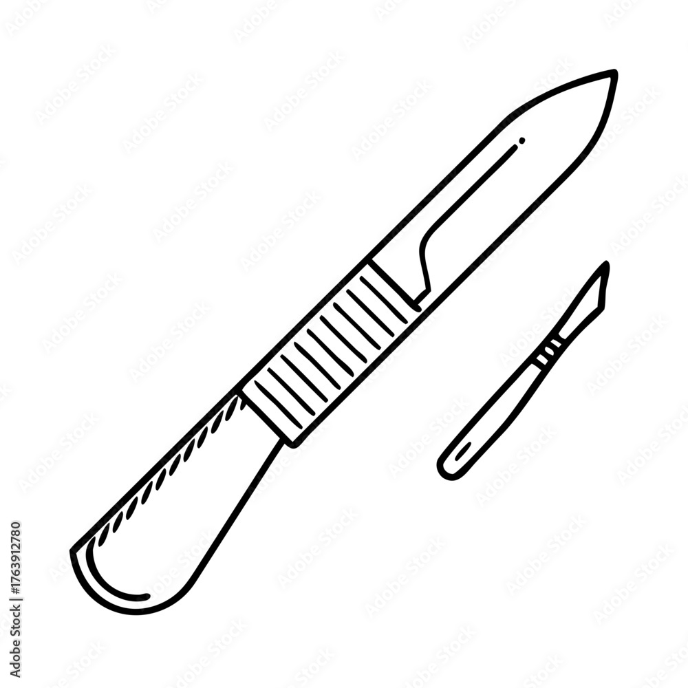 Obraz premium Vector art of a medical scalpel and a larger surgical knife with a ribbed handle, depicted as outline drawings on a