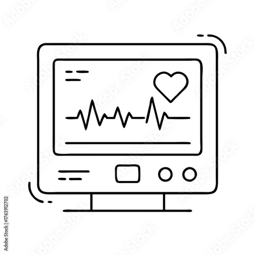 Vector art of electrocardiogram monitor displaying a heart rhythm and a heart symbol, , medical technology icon