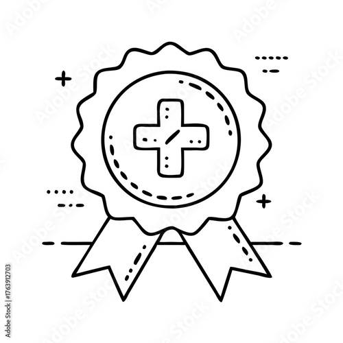 Vector art of a line drawing of a medical award ribbon with a cross symbol in the center