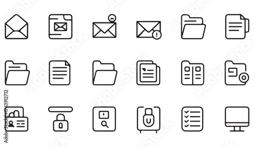 Minimalist business line icons — emails, folders, and digital files for modern corporate data management.
