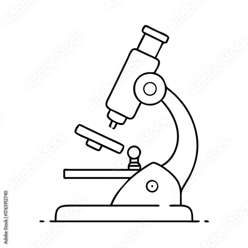 Vector art of a black and white line drawing of a laboratory microscope, isolated on a, representing scientific research and discovery